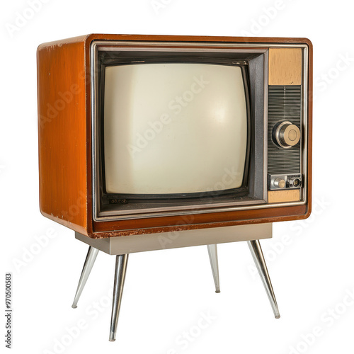 A vintage television set with wooden casing and retro design, used for broadcasting shows.