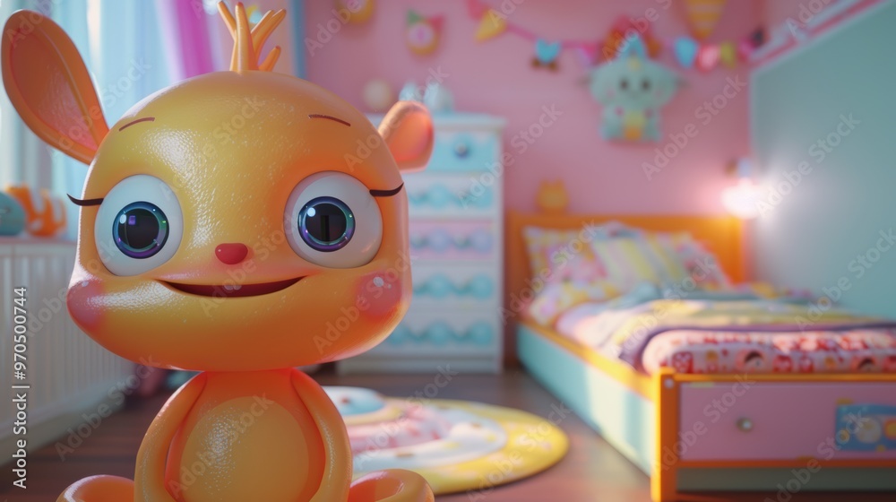 Fototapeta premium cute 3D character with its large, joyful eyes is set in a vibrant children's room, sitting on a bright bed. This inviting and cheerful scene is perfect for various children's media.