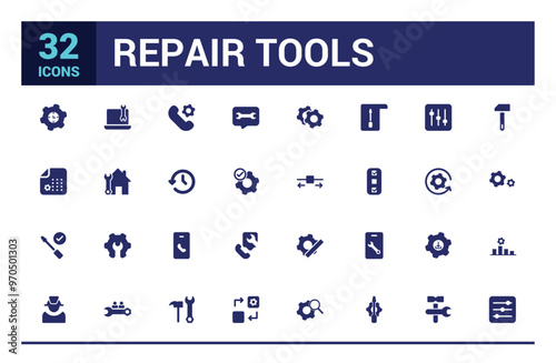 Repair icon collection. Related to fix, maintenance, toolbox, filled icon set, solid icon pack. Glyph icons for web and ui. Editable stroke. Vector illustration.