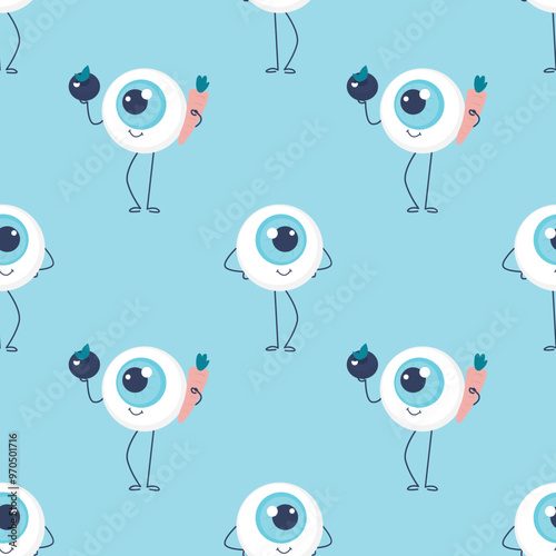 Seamless pattern with healthy eyeball mascot. Health care and treatment. Cute organ internal character. Healthy human part, texture wallpaper background. Eyesight care.