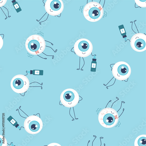 Seamless pattern with healthy and sickness eyeball mascots. Health care and treatment. Cute organ internal characters. Healthy and sick human part,