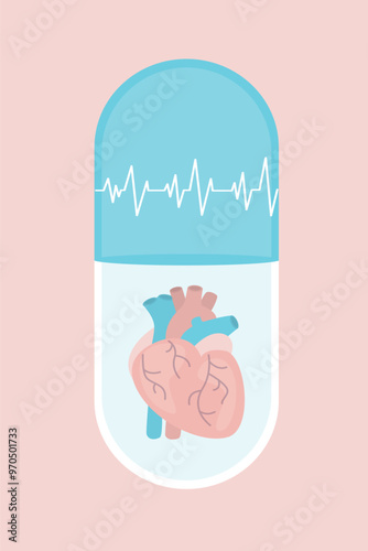 Human heart and capsule pills medications. heart health treatment drugs. Heart attack with heartbeat cardiogram graph line in giant pill capsule. Healthcare concept.
