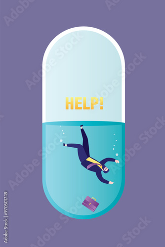 Drug addicted man fall in giant pill, healthcare medicine addiction concept. Man in depression in opioid crisis. Antidepressant treatment, medication dependence concept
