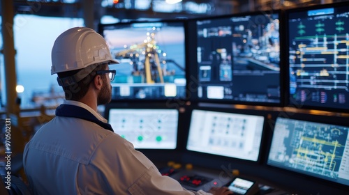 An engineer wearing a hardhat monitors offshore operations through multiple screens in a control room. The screens display complex data related to oil and gas exploration and drilling.