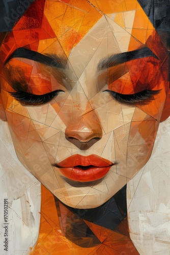 A stylized portrait of a woman with a geometric design, featuring warm orange and earthy tones.
