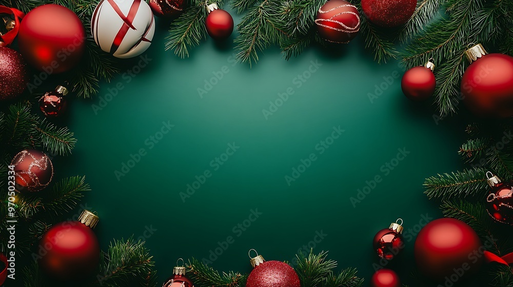 Red Christmas Ornaments and Pine Branches on a Green Background Red Christmas Ornaments and Pine Branches on a Green Background