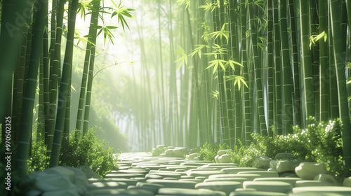 Serene Bamboo Grove with Stone Pathway 