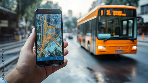 A businessman uses his smartphone to track a bus on a map app. The app shows him the bus's location in real-time. This is a futuristic idea for a smart bus system. photo