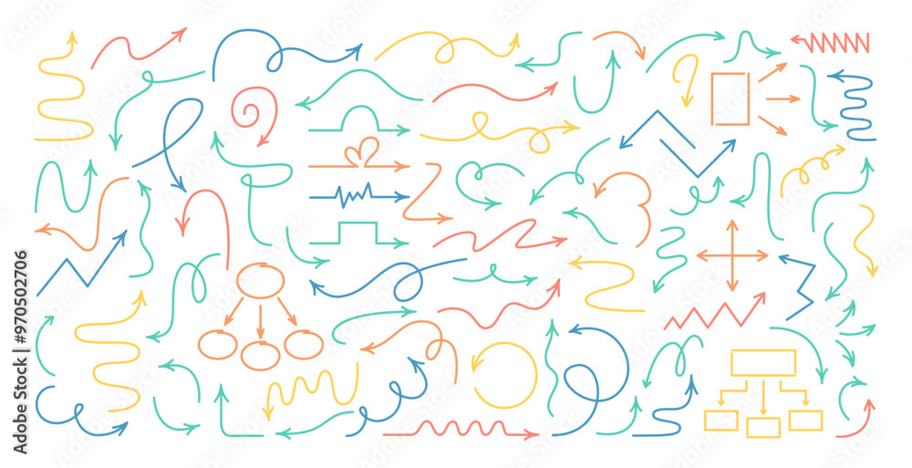 Obraz premium Hand Drawn Editable Stroke Arrows Collection. Colorful Thin Winding Line Pointers. Outline Arrows Big Set.
