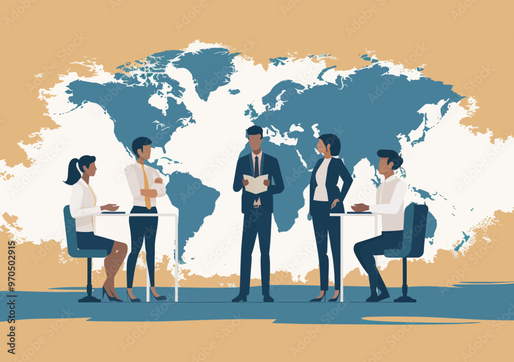Global Trade Discussion: Business Team Analyzing International Investment Strategy in Front of World Map, Vector Illustration Global Trade Discussion: Business Team Analyzing International Investment Strategy in Front of World Map, Vector Illustration