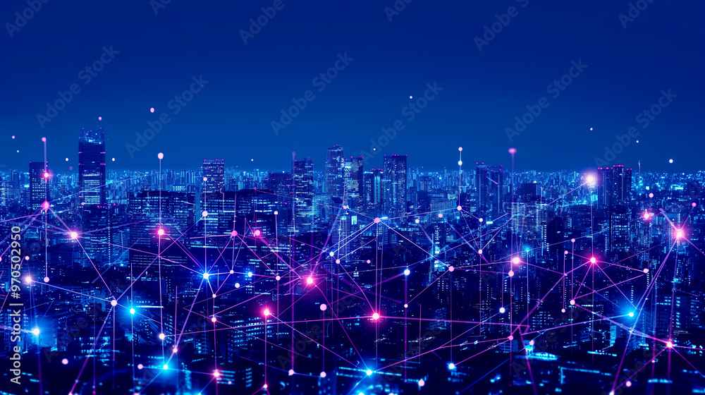Obraz premium Telecommunication and Communication Network Concept: Big Data Connection Technology for Smart Cities and Digital Transformation
