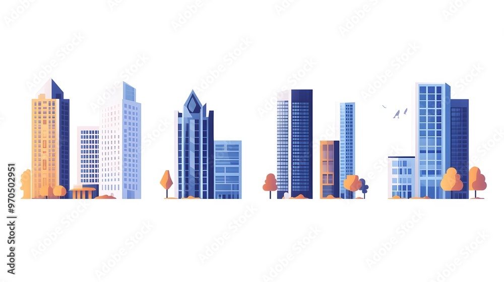 Five Modern Skyscrapers with Trees and a White Background