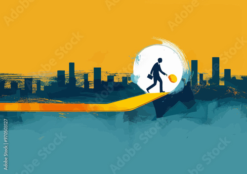 Businessman Reaching Goal on Yellow Path to Success in Urban Skyline | Business Achievement Concept Illustration