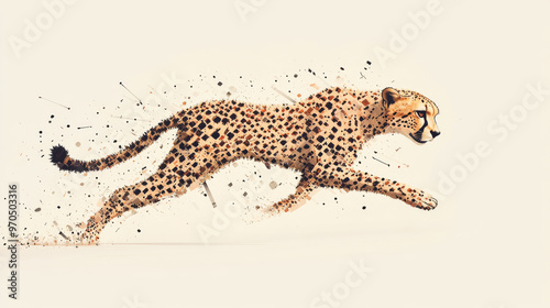 A cheetah made of simple shapes, like a video game character, is running.It looks like it's made from little balls that flew off something.It's a cool design, showing the cheetah's movement with lines photo