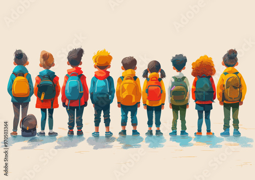 Back to School Vector Illustration of Diverse Students with Backpacks in Line, Daytime Learning Concept, Minimalistic Art