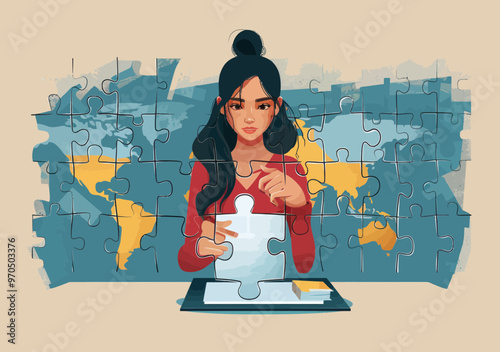 Female Leader Completing Puzzle with Final Piece Conceptualizing Business Solution Global Strategy Illustration