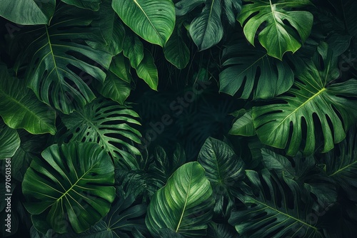 Dark green tropical leaves forming a frame.