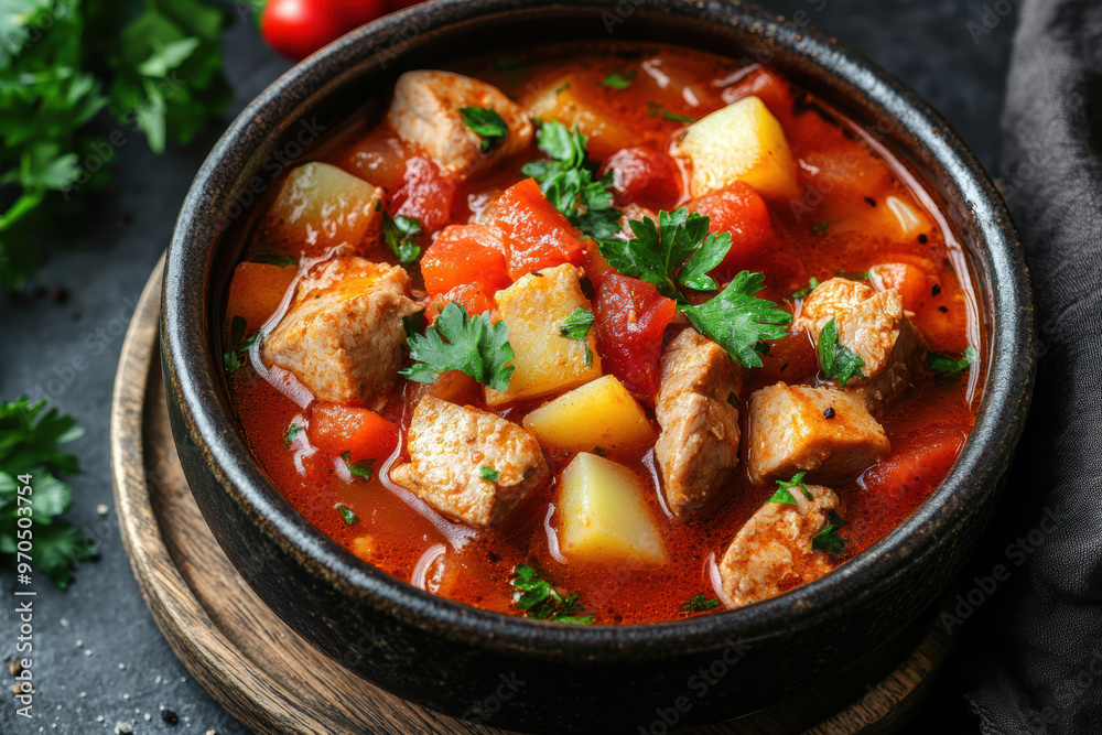 Goulash soup with beef slices of sausage, onions and potatoes. Plus red pepper. All on a rustic background. AI generative. Goulash soup with beef slices of sausage, onions and potatoes. Plus red pepper. All on a rustic background. AI generative.