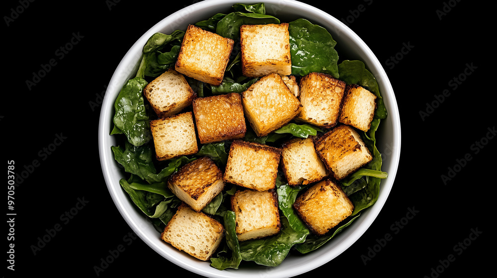 Caesar Salad with Golden Croutons and Fresh Lettuce on Black Background Caesar Salad with Golden Croutons and Fresh Lettuce on Black Background