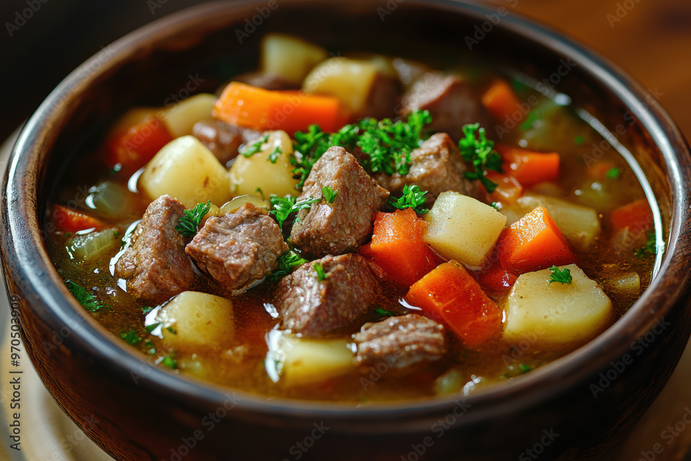 Goulash soup with beef slices of sausage, onions and potatoes. Plus red pepper. All on a rustic background. AI generative. Goulash soup with beef slices of sausage, onions and potatoes. Plus red pepper. All on a rustic background. AI generative.