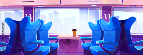 Train inside with seats by window. Vector cartoon illustration of passenger car or metro compartment with comfortable chairs, coffee cup on table, modern cityscape view, urban commuting service