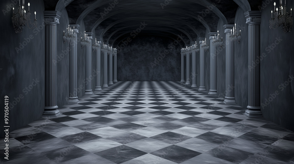 Fototapeta premium Grand Hallway with Pillars and Checkered Floor in Monochrome Design 