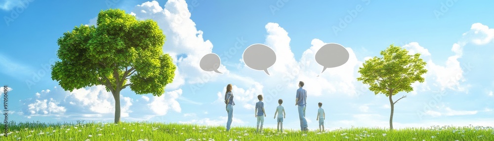 Family standing in green field with trees and clouds. Family standing in green field with trees and clouds.