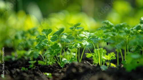 a herb garden with thriving coriander plants, representing home gardening and fresh herbs.