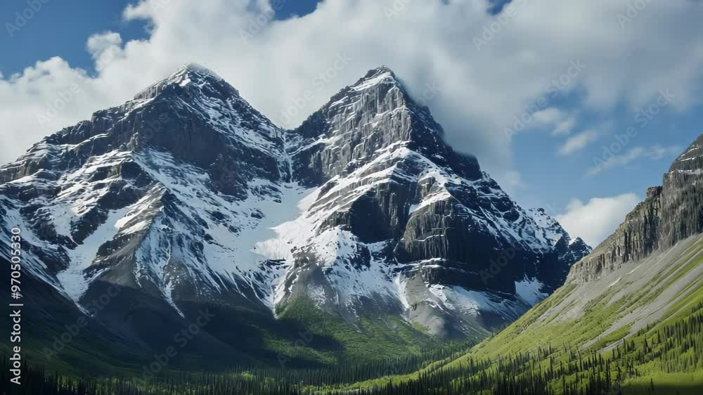 Majestic snow-capped mountains under a blue sky with scattered clouds.