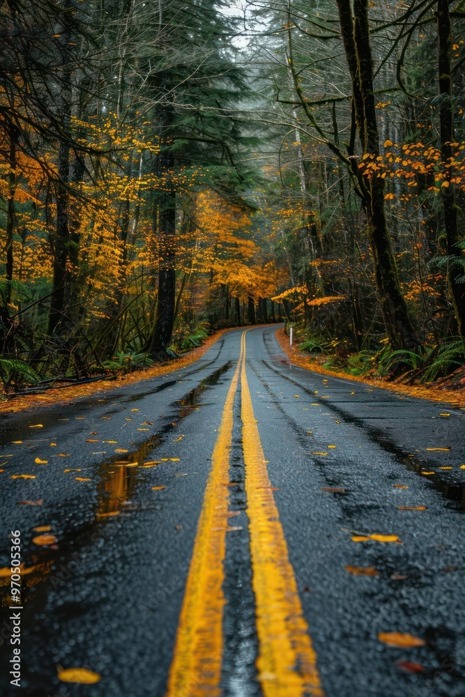 A winding road through a forest with autumn foliage and reflections on the wet pavement. A winding road through a forest with autumn foliage and reflections on the wet pavement.