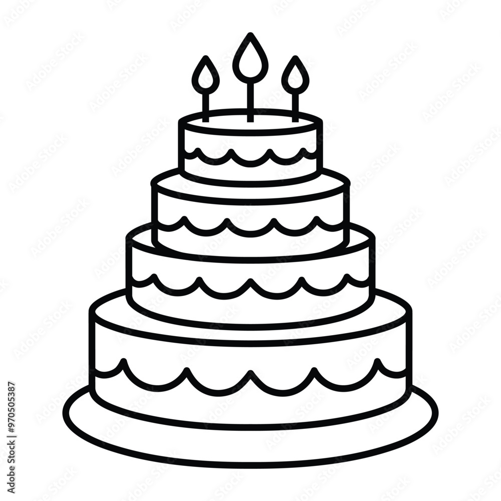 Tiered birthday cake with candles line icon. Kid coloring page Tiered birthday cake with candles line icon. Kid coloring page