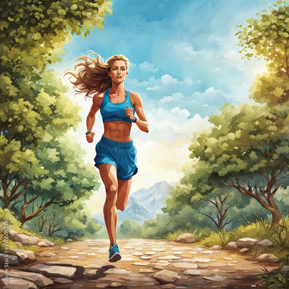 Happy athletic woman running while exercising in nature
