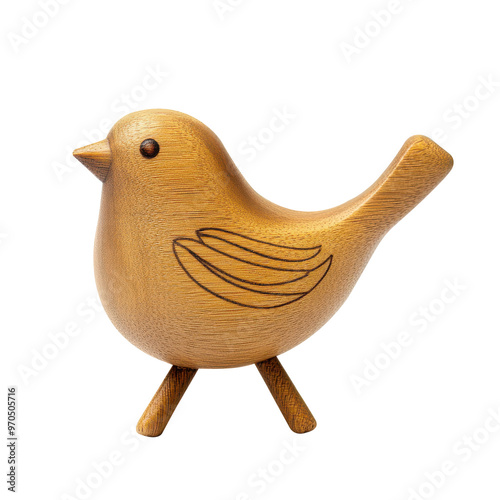 Wooden bird figurine isolated on white background.