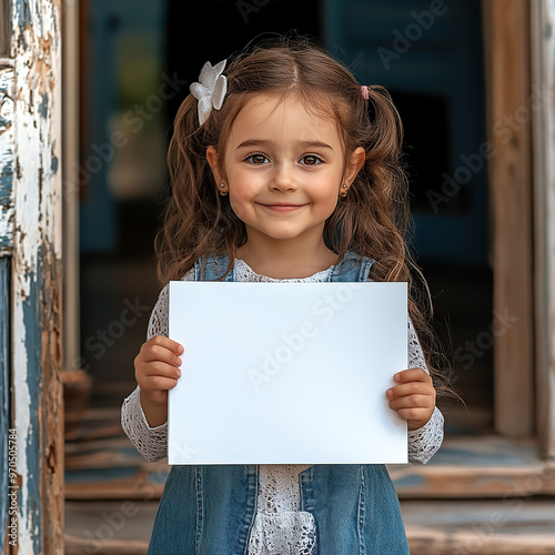 A young girl holding a blank white A4 paper, with the front view of a school entrance door in the background photo