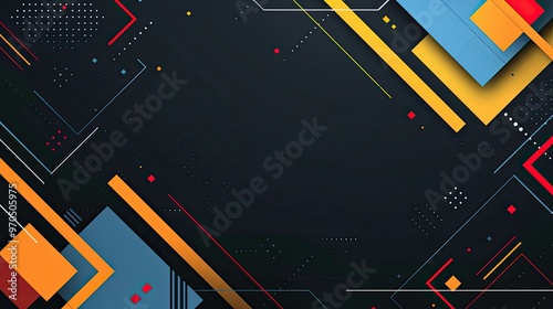 A vibrant abstract design featuring geometric shapes and dynamic lines in a dark background, suitable for digital graphics.