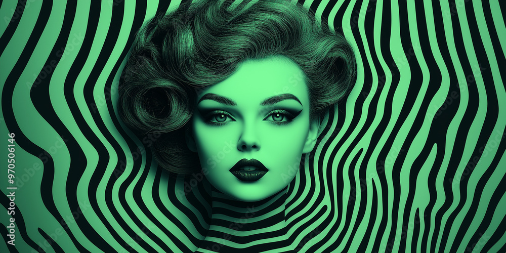 Green monochrome female portrait with optical illusion stripes background