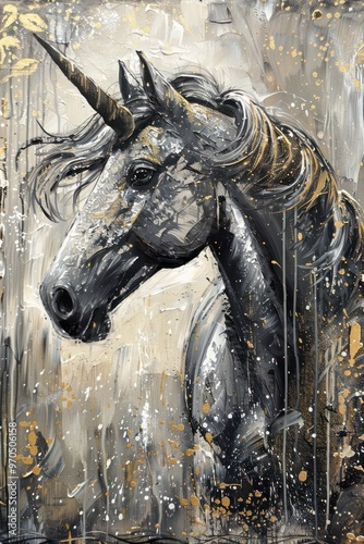 A striking abstract depiction of a unicorn's head, blending black, gold, and gray tones with expressive brushstrokes.