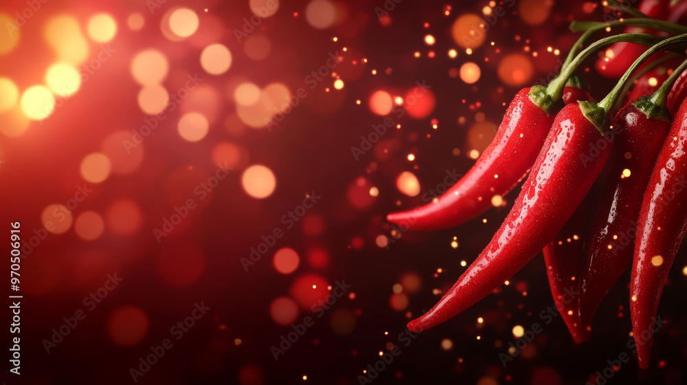 A dark red background with spicy peppers, set against a blurry, colorful backdrop. Perfect for advertising breakfast, lunch, or dinner. A dark red background with spicy peppers, set against a blurry, colorful backdrop. Perfect for advertising breakfast, lunch, or dinner.
