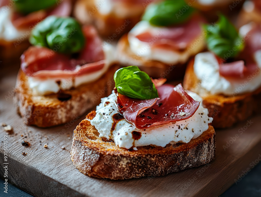 toasted crostini with burrata cheese. AI generative.