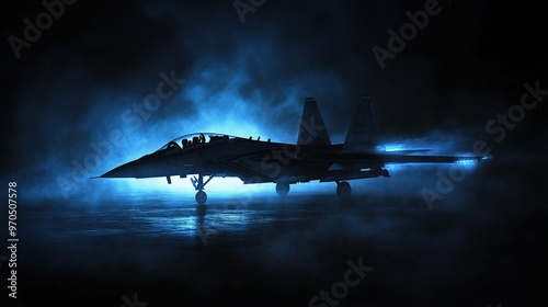 image of a fighter aircraft in a low-light condition, flying through mist or fog.