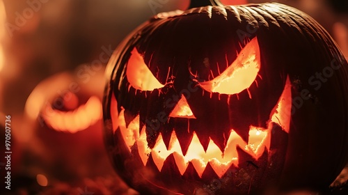 Close-up of a spooky jack-o-lantern carving session at a Halloween fair, eerie glow, festive atmosphere photo