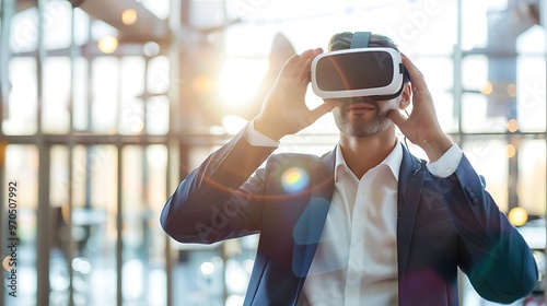 Businessman Using VR Headset in Innovative Workspace, Copy Space, Portrait Shot