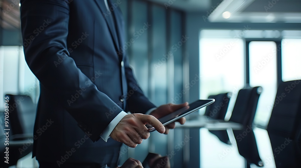 Businessman Using Tablet in Conference Room, Copy Space, Businessman Using Tablet in Conference Room, Copy Space,