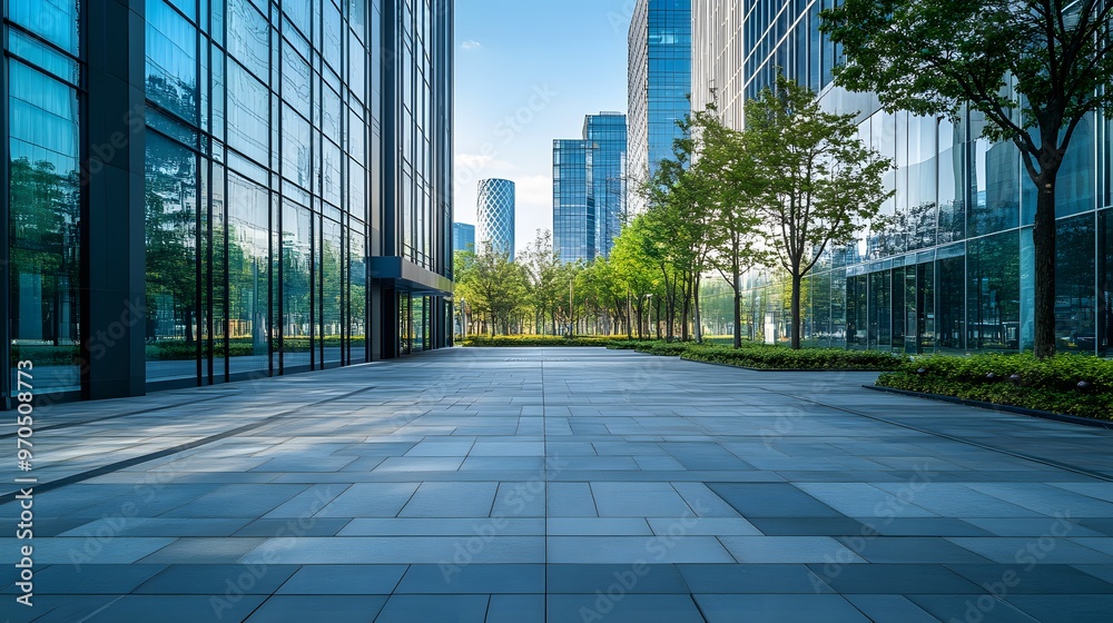 Fototapeta premium Empty Paved Pathway Between Modern Office Buildings