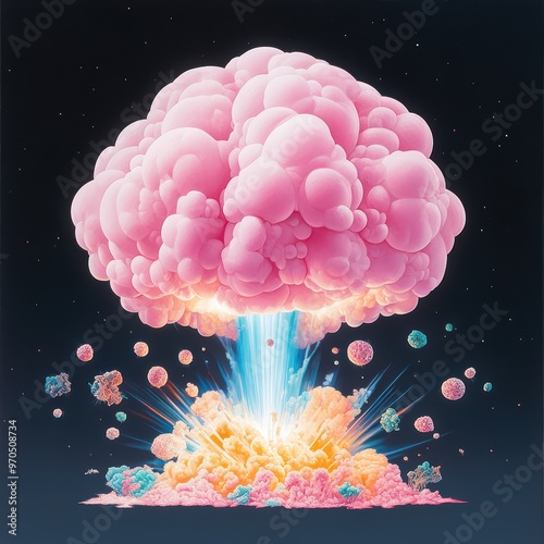 A vibrant pink explosion with fluffy clouds and glowing energy, creating a surreal and artistic visual impact. photo