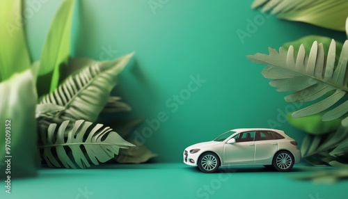 Minimalist photography of a white toy car on green background with leaves and geometric shapes photo