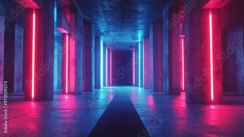 A futuristic, 3D image of a dark, concrete building with neon lights. The scene is a wide panorama, showing the entire space.