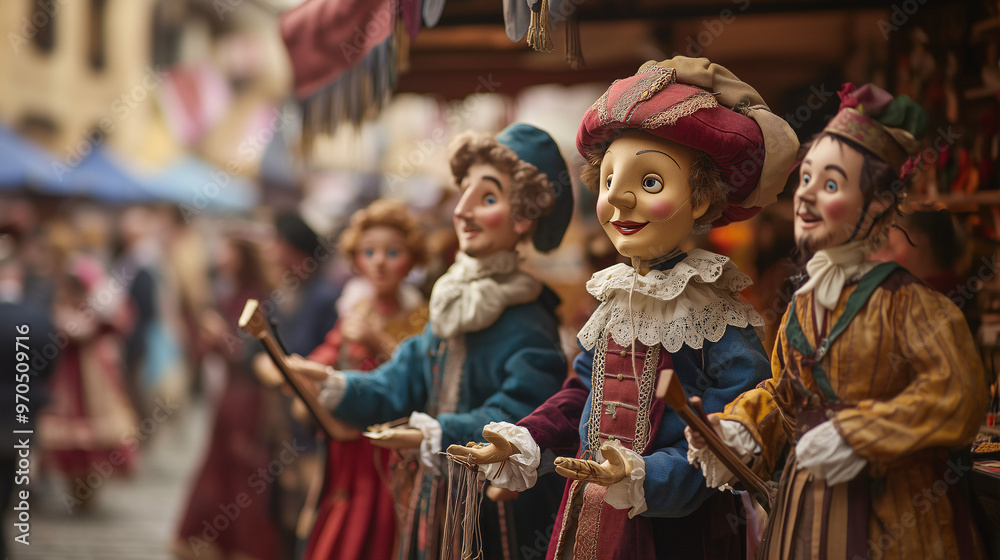 A puppet market during a Renaissance fair, with Renaissance-era clothing, puppets representing historical figures, lively crowds, musicians playing lutes, and jugglers entertaining A puppet market during a Renaissance fair, with Renaissance-era clothing, puppets representing historical figures, lively crowds, musicians playing lutes, and jugglers entertaining