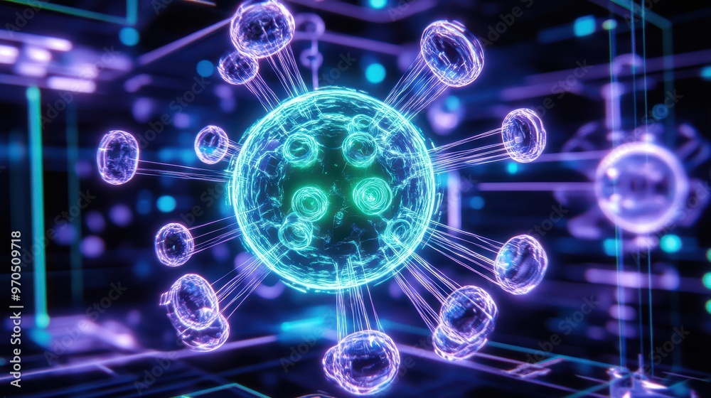 Abstract illustration of a virus with glowing particles in a futuristic digital environment, highlighting microbiology concepts.
