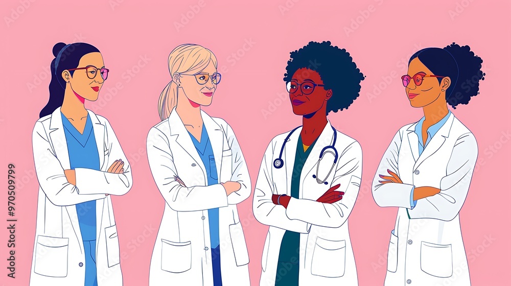 Diverse Female Scientists Standing Together, Group Portrait Shot, Illustration Style, Diversity Concept, Scientists